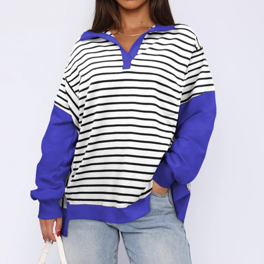 Moderne løs stribet sweater med kontrastfarver og slidser til kvinder