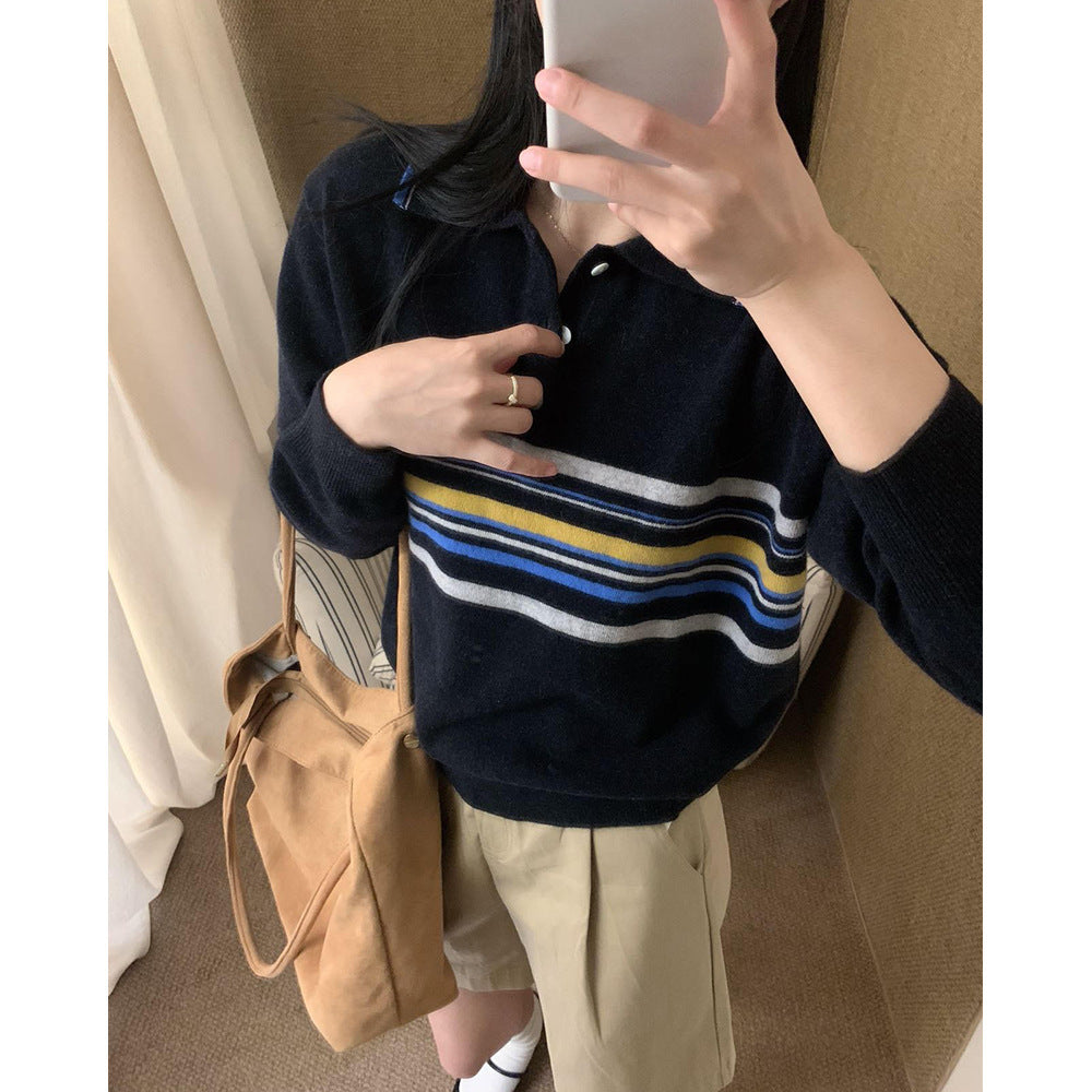 Striped Polo Collar Pullover Women's Loose Sweater