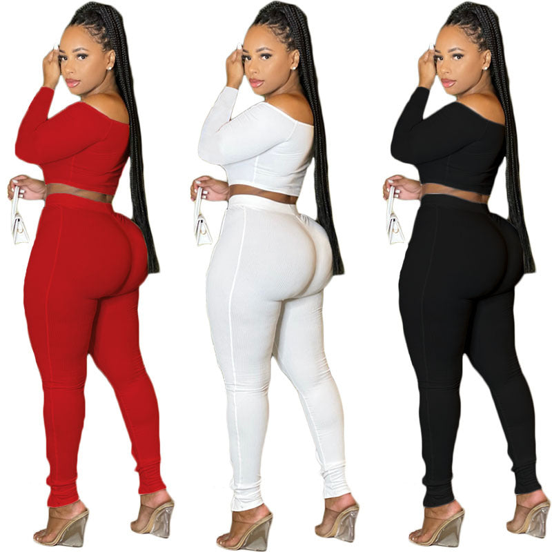 Solid Color One Line Shoulder Wispy Empty Crop Two-piece Set