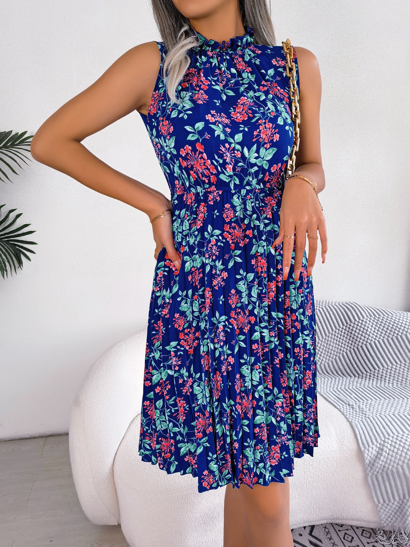 Women  Elegant Ruffle Trim Floral Print Tie Waist Pleated Dress