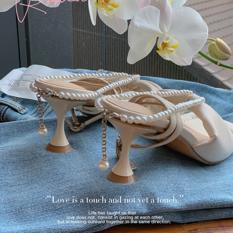 Elegant Bowknot Pearl Chain Summer New Stiletto Sandals Women