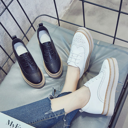 Spring Genuine Leather Platform Hidden Heel Lace-up Leisure Platform Women's Shoes