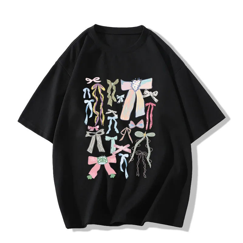 Cotton Short-sleeved T-shirt Idle Style Bow Print
