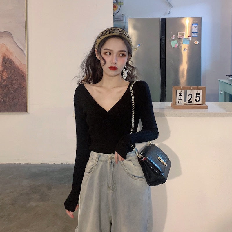Pleated V-neck Knitted Bottoming Shirt Long Sleeve Sweater