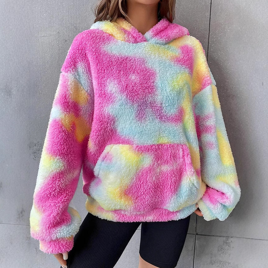 Alsidig tie-dye-farvet hættetrøje med lomme og plysfor