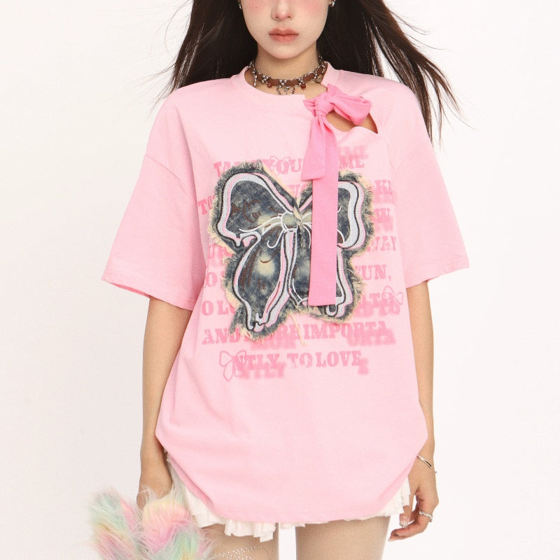 Sweet Cool Bow Patch Short Sleeve Summer Irregular