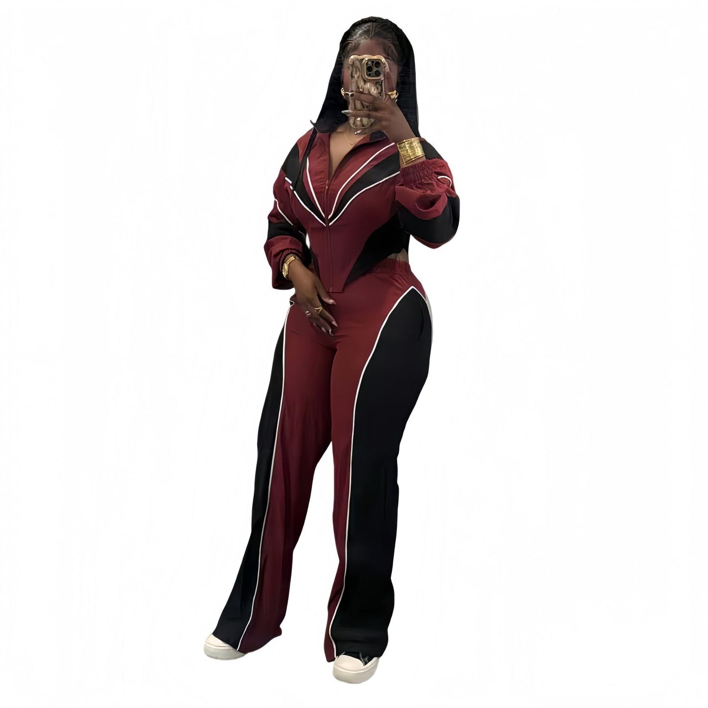 Stylish Multi-Color Patchwork Two-Piece Set With A Stand Collar