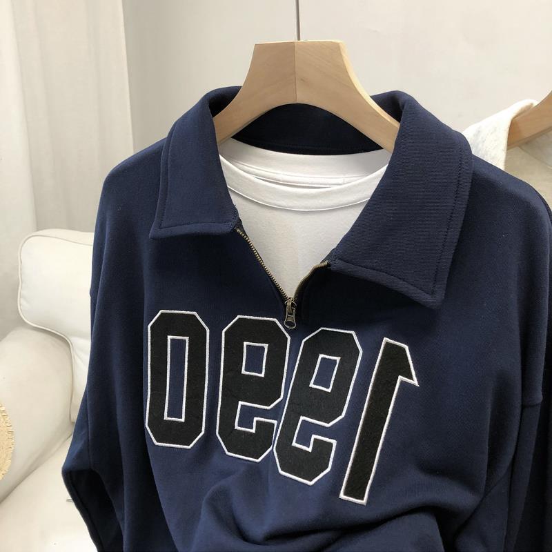 Dame sweatshirt med amerikansk retro-revers og halv lynlås