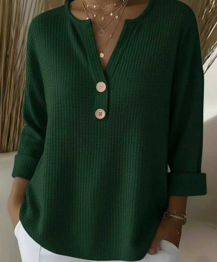 Womens Loose-fit Waffle-knit Long-sleeve V-neck Top