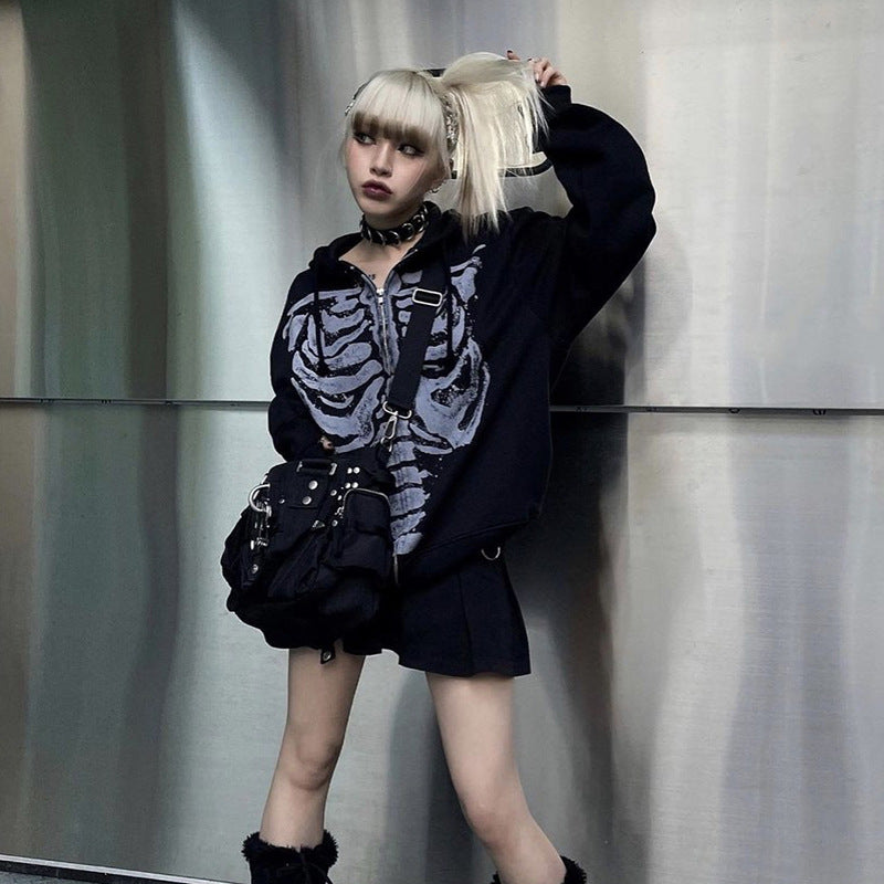 Skeleton Long Sleeve Round Neck Cardigan Printed Loose Sweatshirt