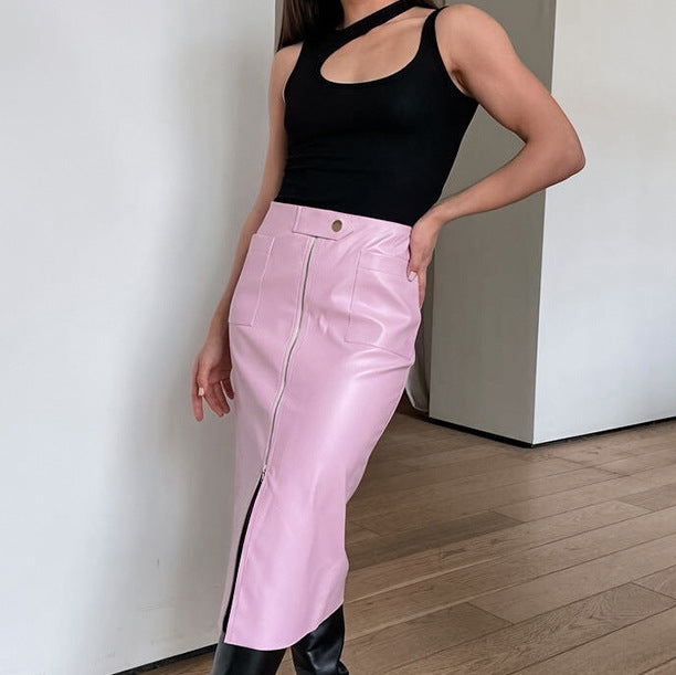 Autumn Winter Retro Matte Casual Leather Split Skirt