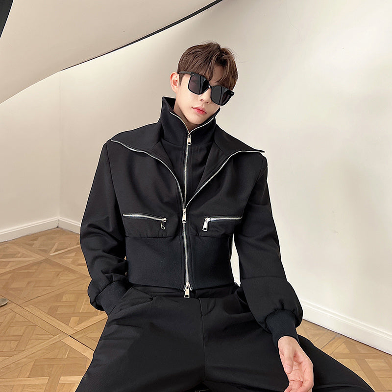 Double Lapel Jacket Men's Ultra-short Fake Two-piece Jacket