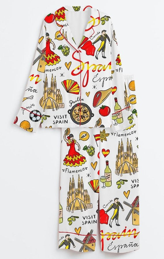 Fashionable Long-sleeve Printed Lapel Loungewear Pajamas