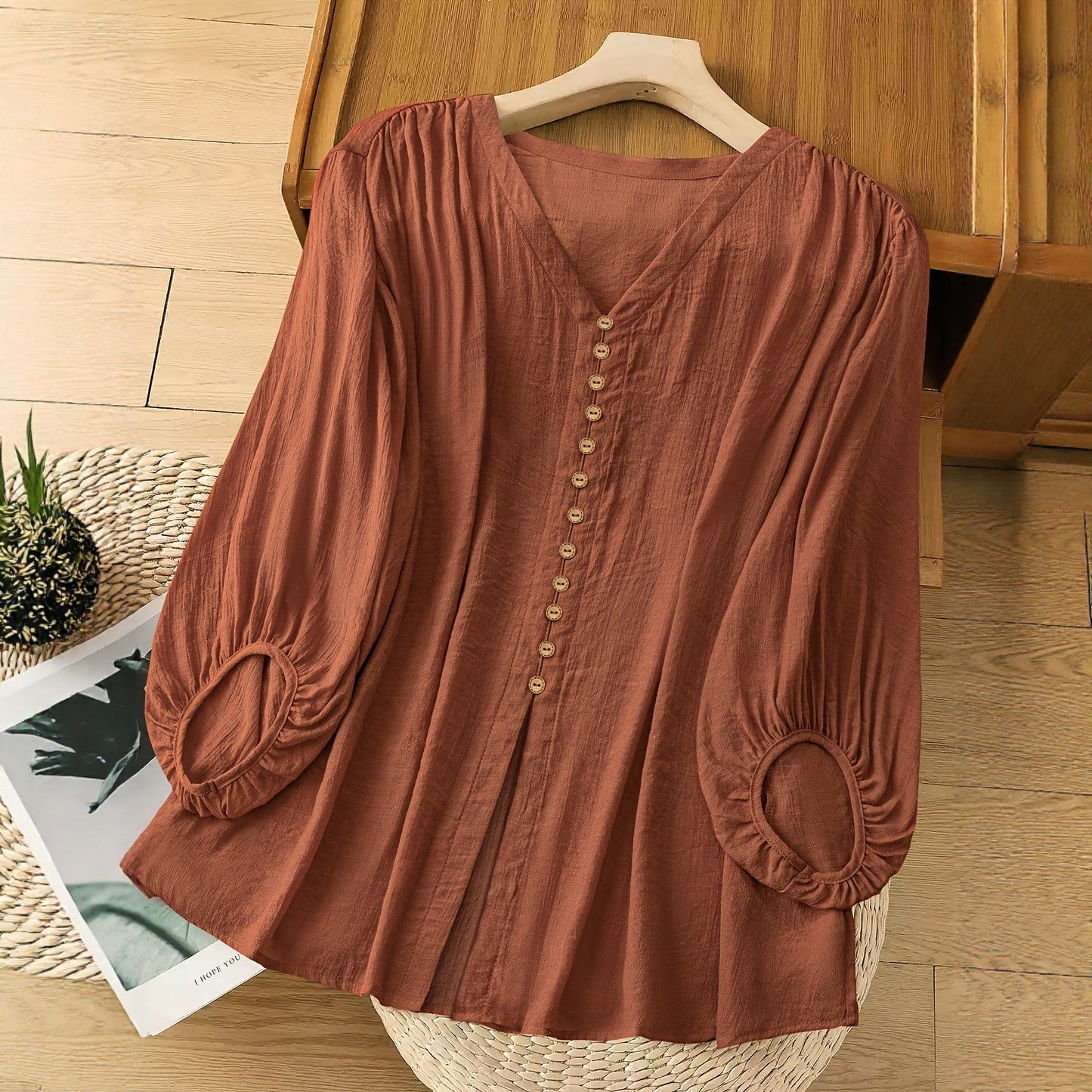 Womens SpringAutumn V-Neck Cotton-Linen Shirt With Loose