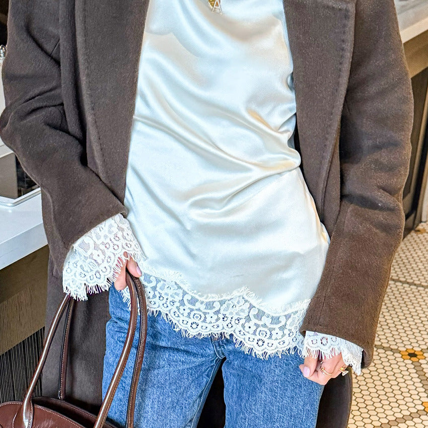 Casual Solid Color Lace Patchwork Top