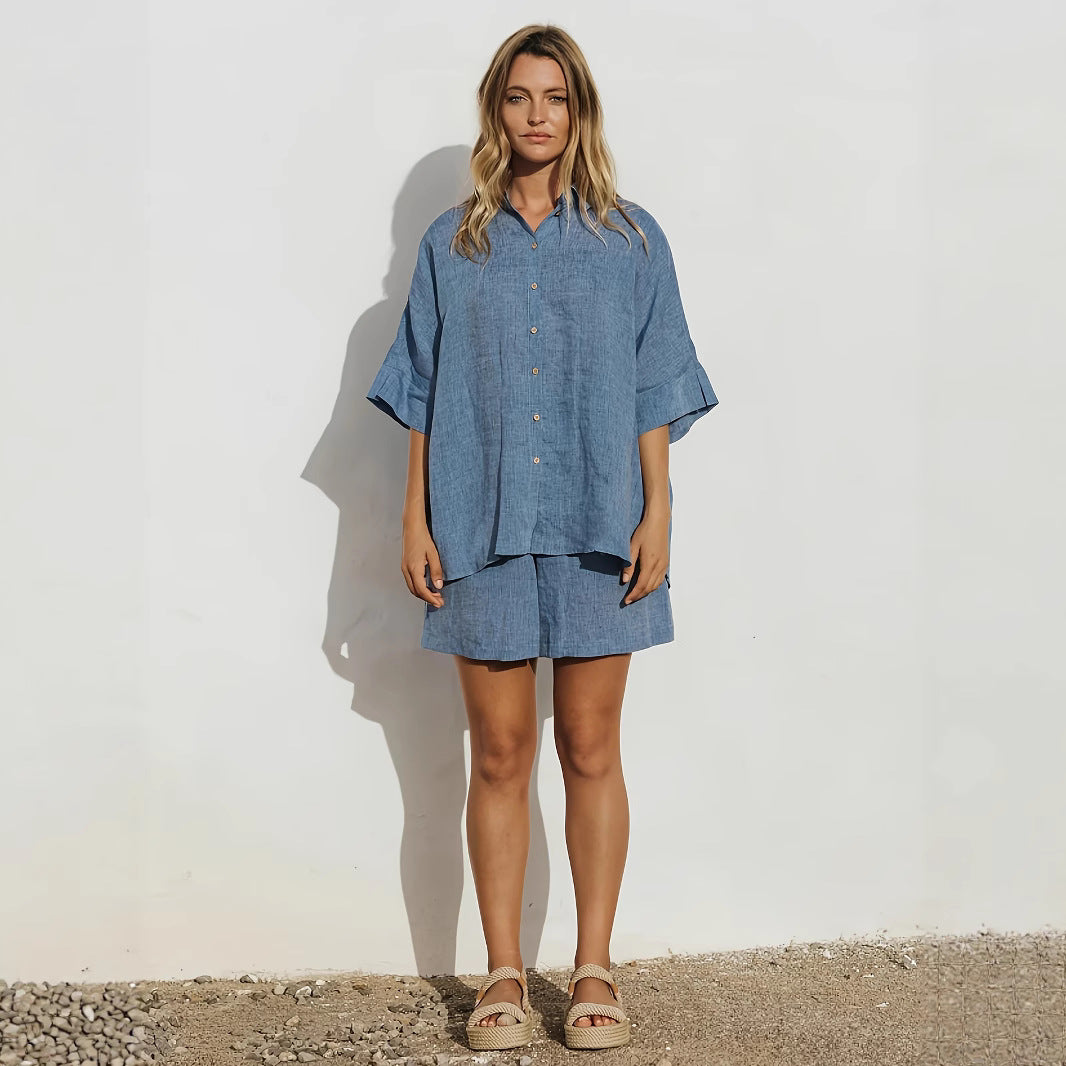 New Solid-color Shirt And Shorts Two-piece Set