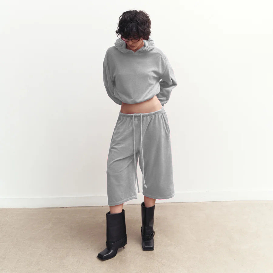 Womens Hooded Long-Sleeve Top And Elastic-Waist Shorts Set