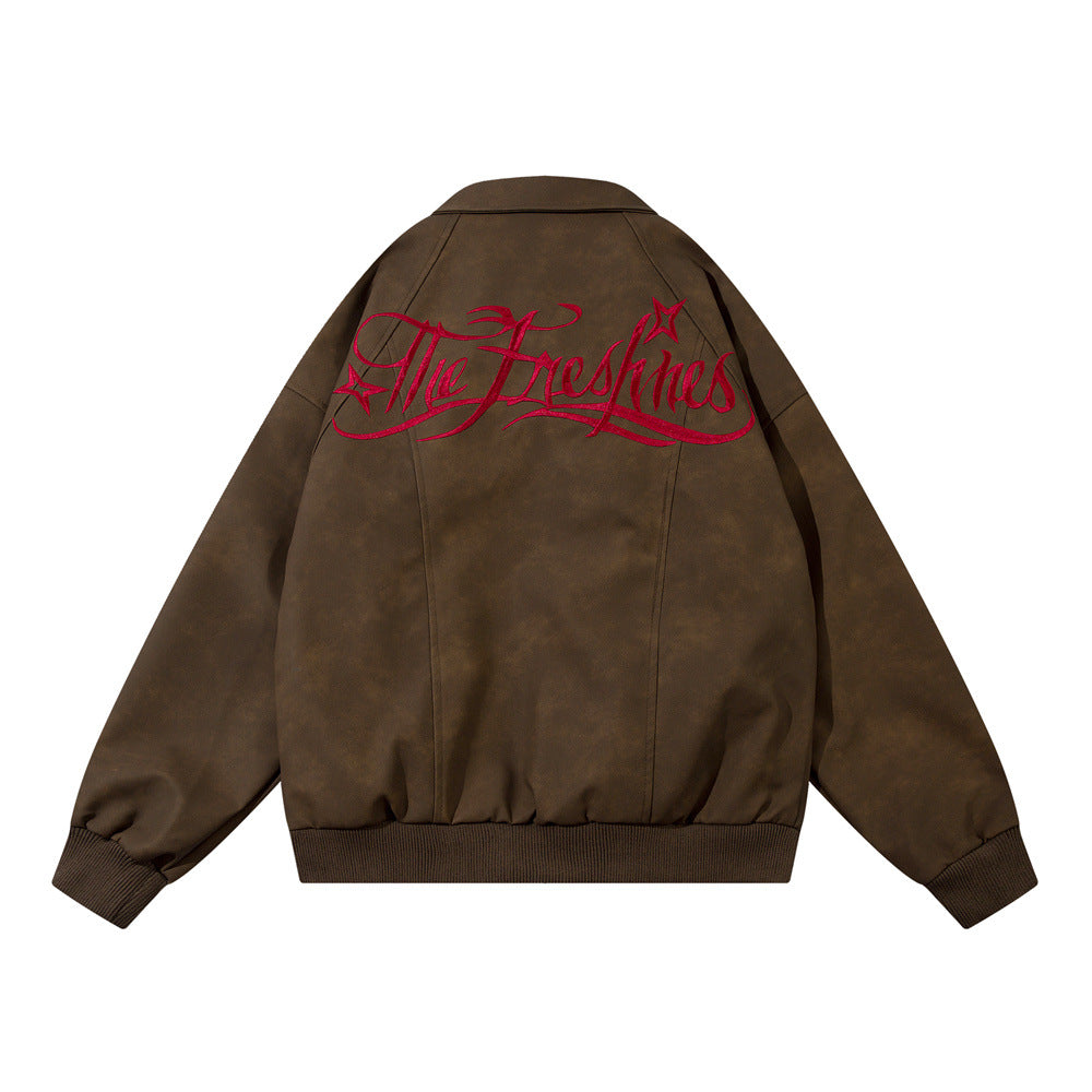 Art Gothic Letter Embroidery Loose Jacket Leather Coat