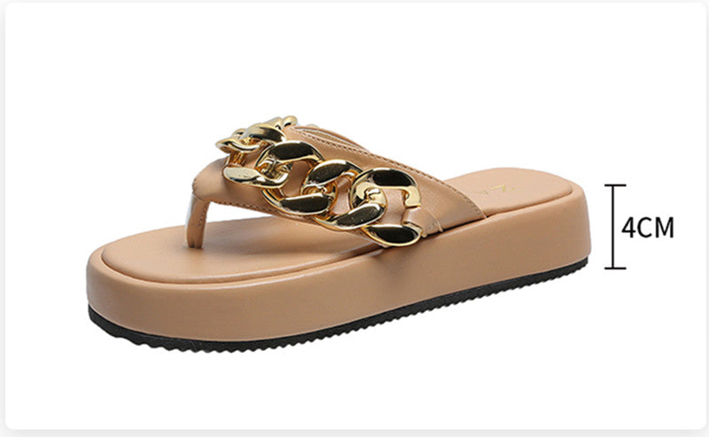 Platform Flip-Flops Women Korean Style Flat Casual Chain Shoes