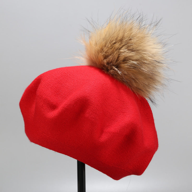 Ins Hat New Real Hair Ball Beret Women