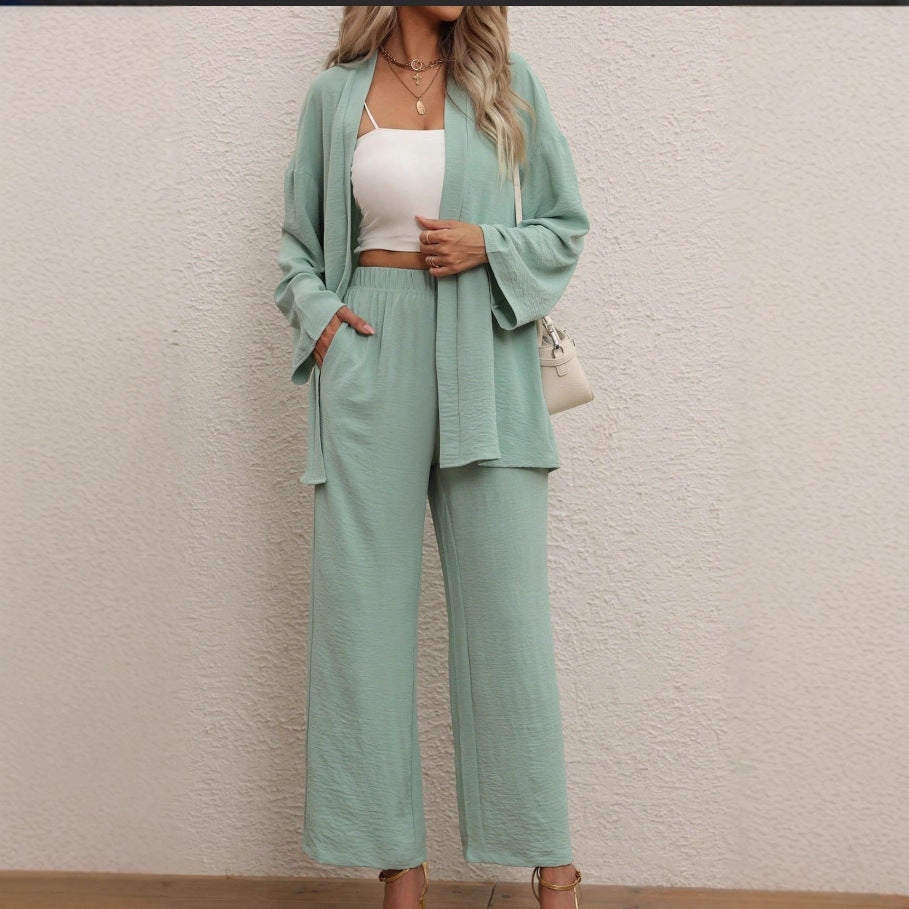 Loose-fitting Cardigan And Wide-leg Pants Two-piece Set