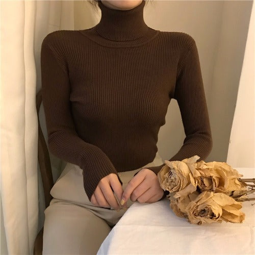 Slim-fit Solid-color Pullover Form-fitting Turtleneck Sweater