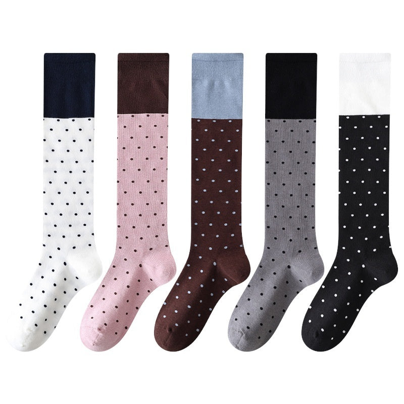 Korean-style Polka-dot Contrast-color Womens Calf Sweet And Versatile Knee-high Puff Socks Made Of Cotton