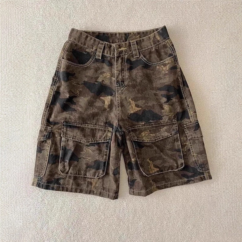 Womens Summer American-Style High-Street Vintage Camo Denim Shorts
