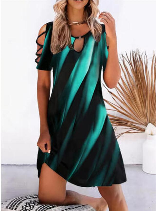 Womens Printed Short-Sleeve Off-Shoulder Casual Vacation Cinched Dress