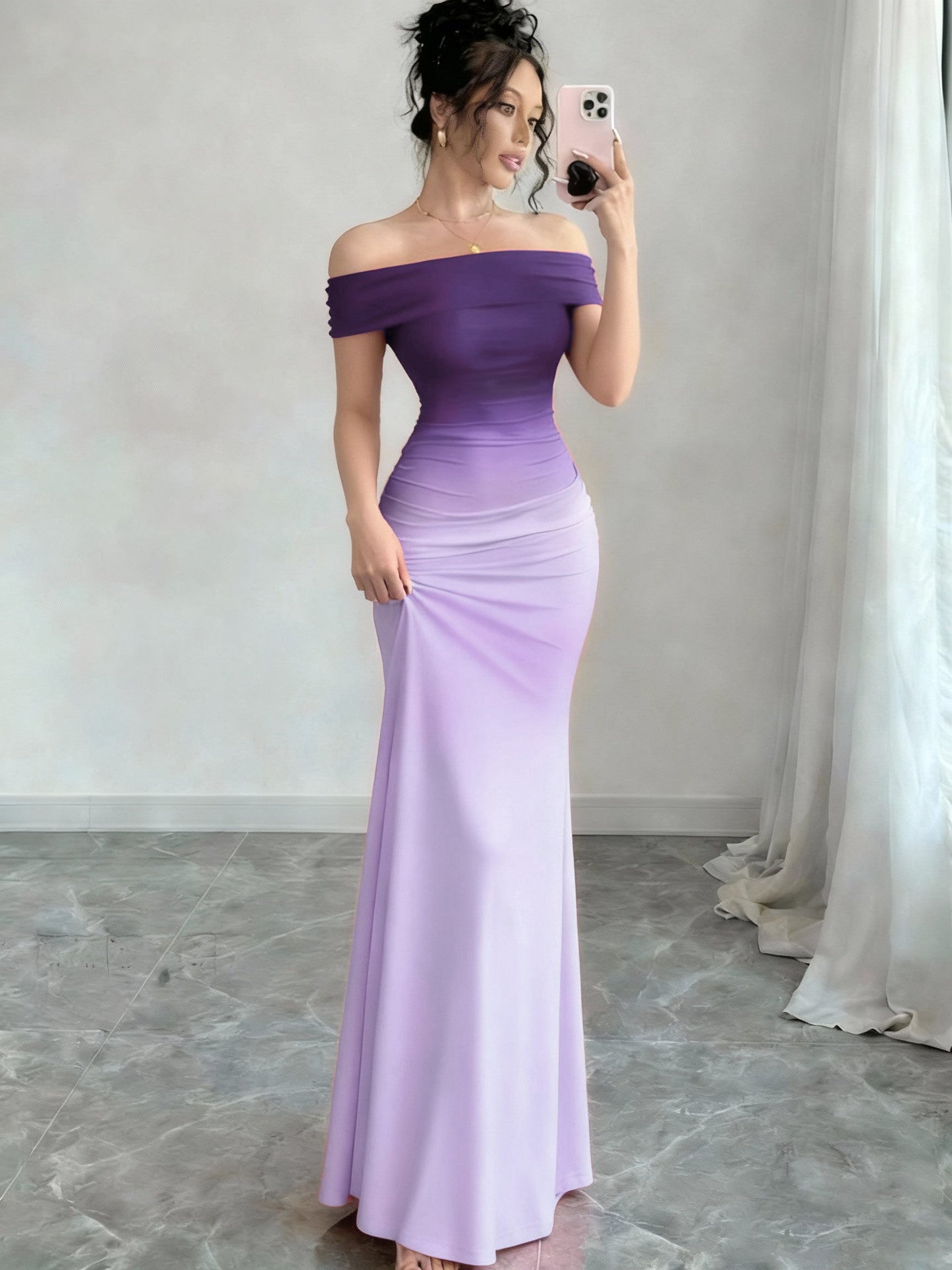 Gradient One Shoulder Sheath Maxi Dress