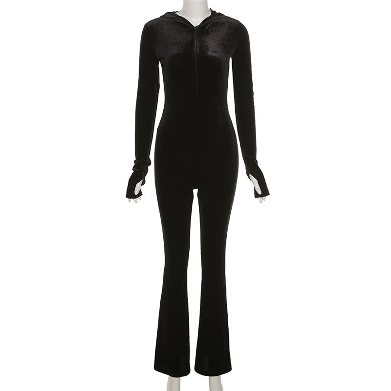 Women's Long-sleeved Zippered Cardigan Jumpsuit