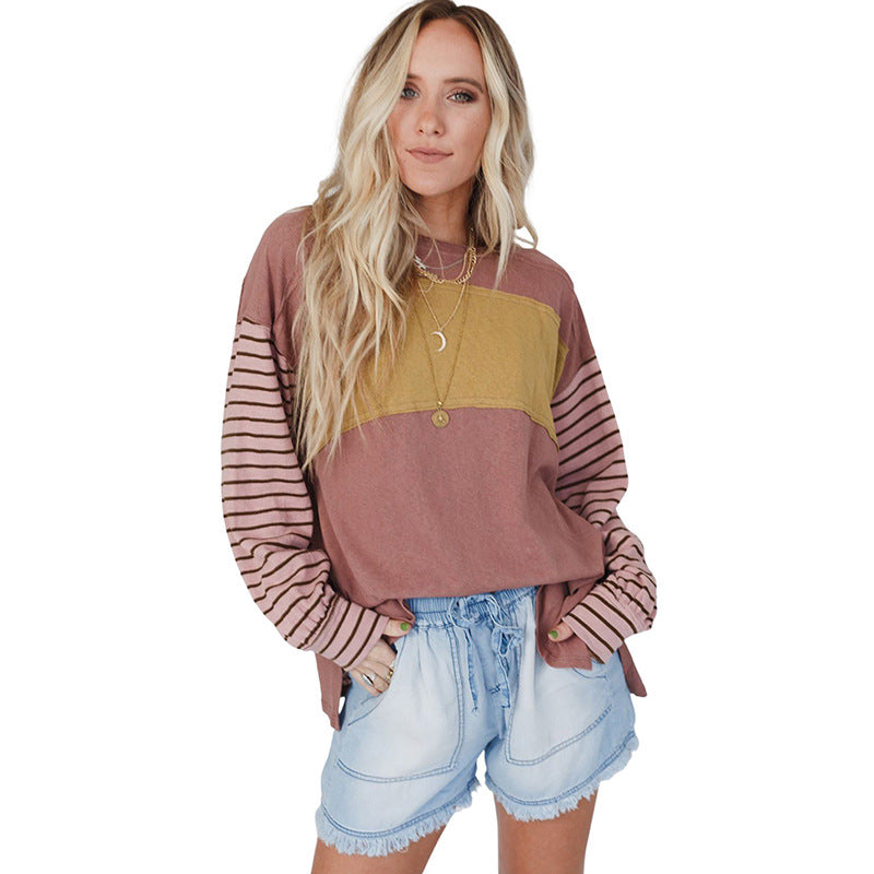 Women's Hoodie Casual Striped Color Matching Long-sleeved Top