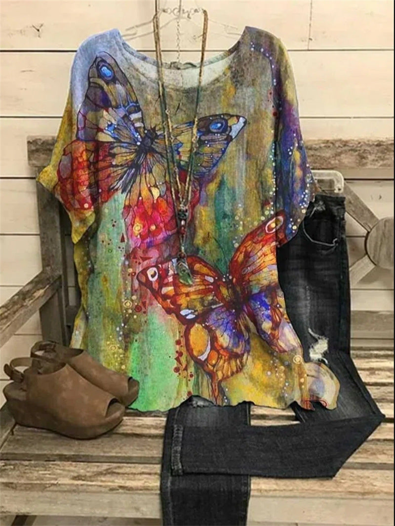Pattern Printed Loose Short Sleeve Round Neck Shirt