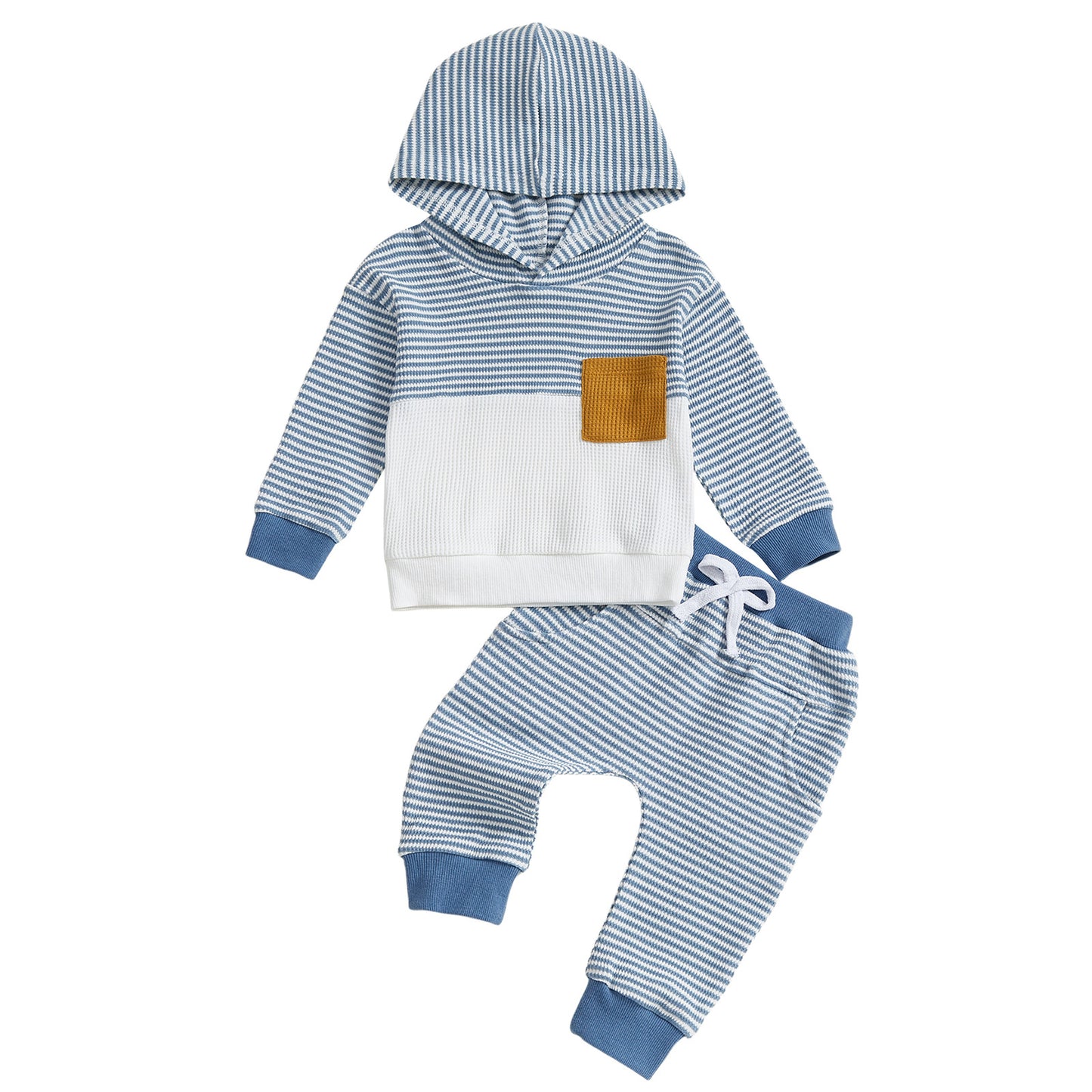Boys Hooded Long-sleeve Waffle-striped Long-sleeve Pants Set