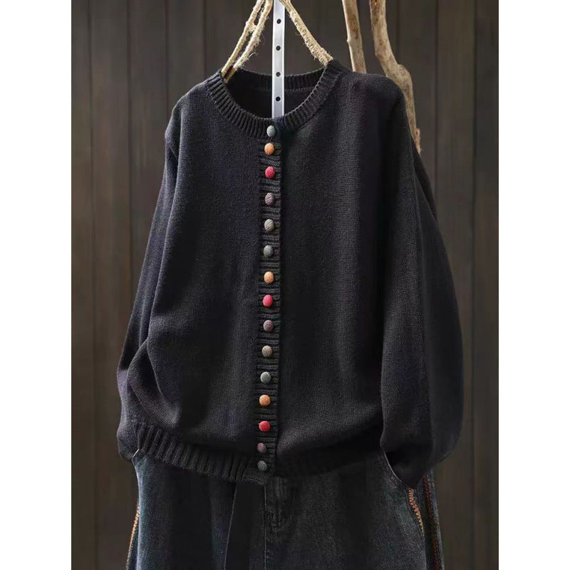 Women's Cotton Knitted Cardigan With Color Buckle Fashion Loose