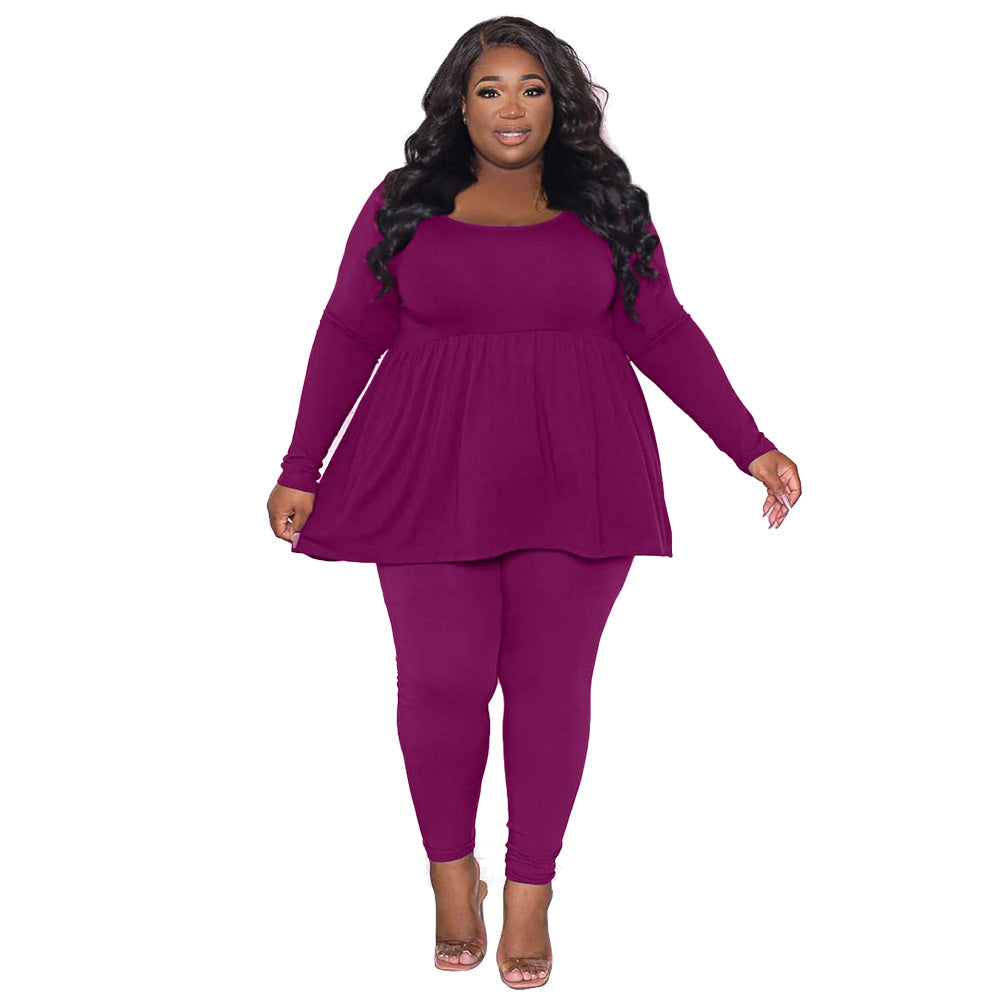 Women's Plus-Size Solid-Color Long-Sleeve T-Shirt Two-Piece Set