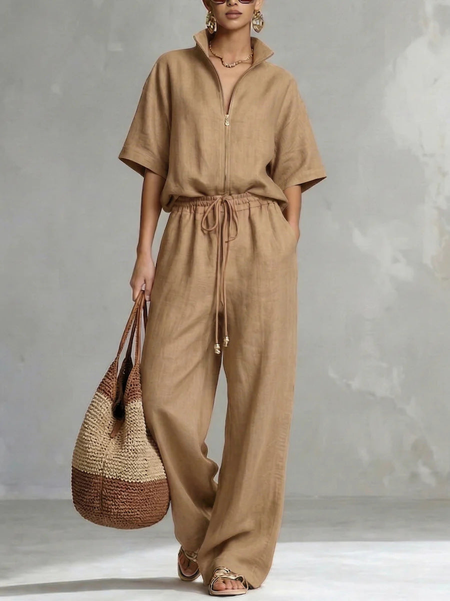 Womens Casual Loose Solid-Color Zip-Up Crew-Neck Wide-Leg Pants Set