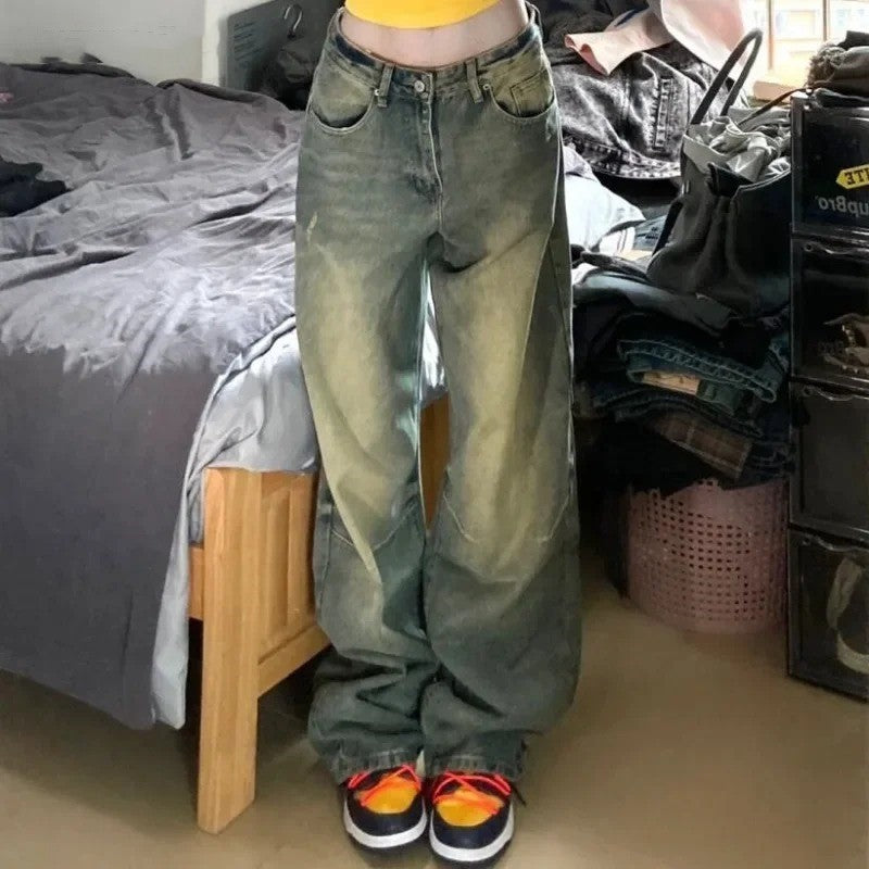 Retro Wide Leg Jeans Women's High Waist Loose Distressed Straight-leg Pants