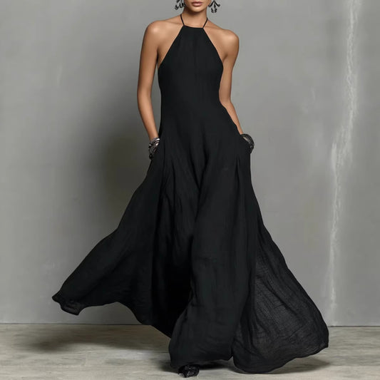 Casual Cotton-Linen Resort Halterneck Pocket Backless Dress
