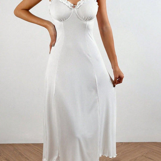 Womens Casual Lace-trimmed Long Slip Dress For Loungewear