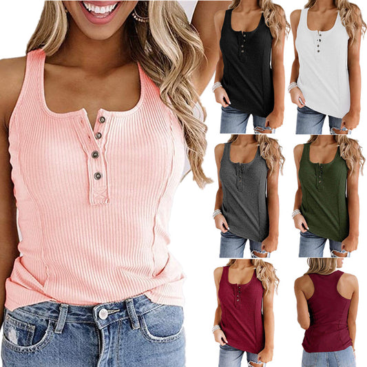 Ensfarvet Knap Ærmeløs Tanktop T-shirt til Kvinder