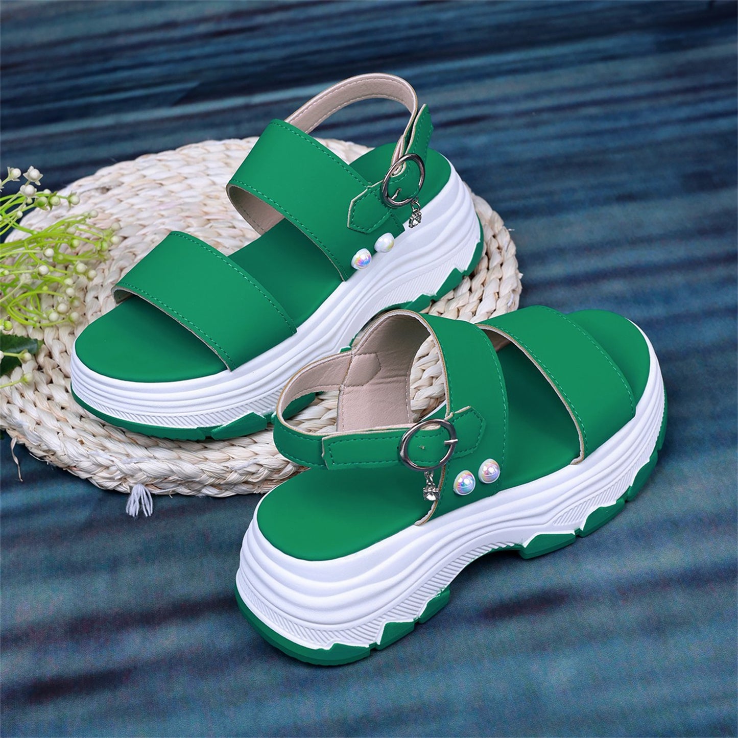 Casual Double-strap Sports Sandals Summer Fashion Solid Color Thick Bottom Buckle Fish Mouth Shoes Women
