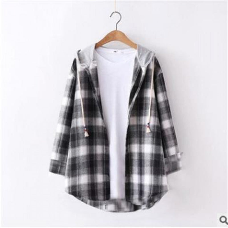 Retro Hong Kong Style Springsummer Autumn Plaid Shirt Women's Loose And Hooded Cardigan Coat