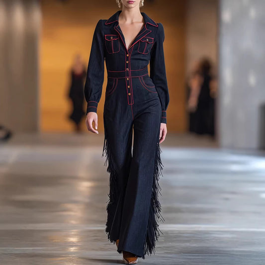 Versatile Long-Sleeve Flared Tassel Jumpsuit