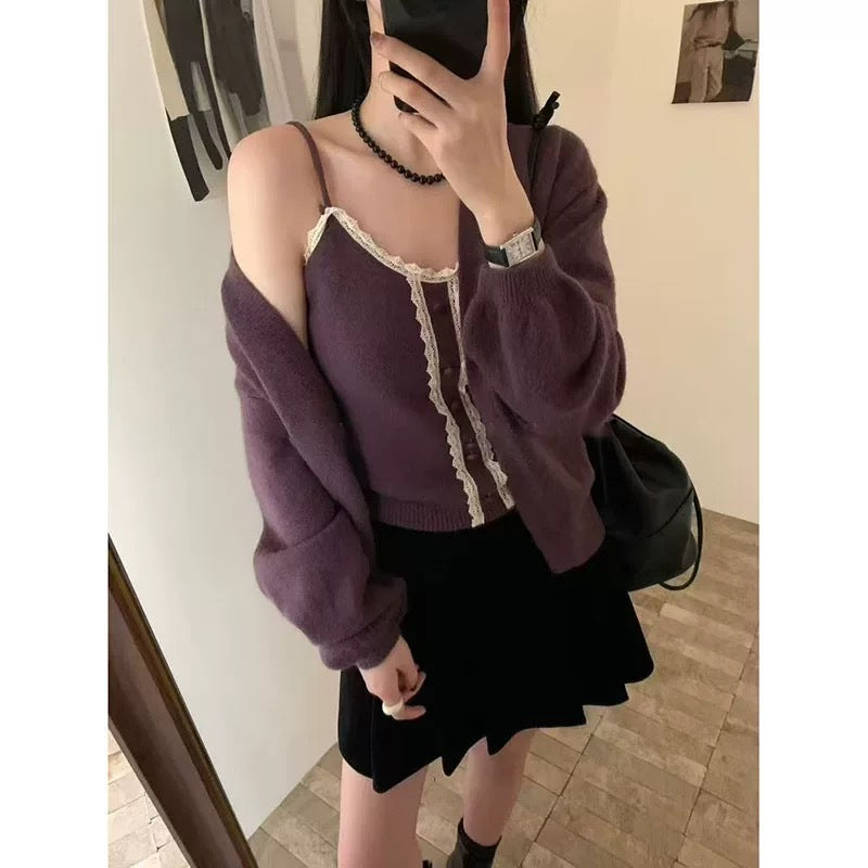 Women's Solid Color Sweater Cardigan Two-piece Suit