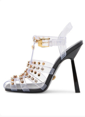 Rhinestone Stud Transparent Roman Fashion Plus Size Heel Sandals