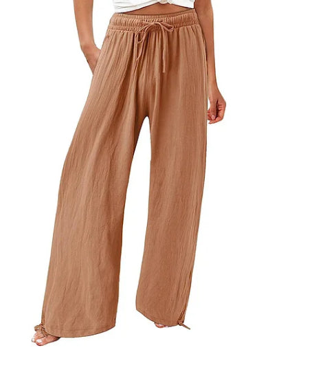 Women'S Cotton & Linen Solid Color Wide Leg Casual Pants With Pockets