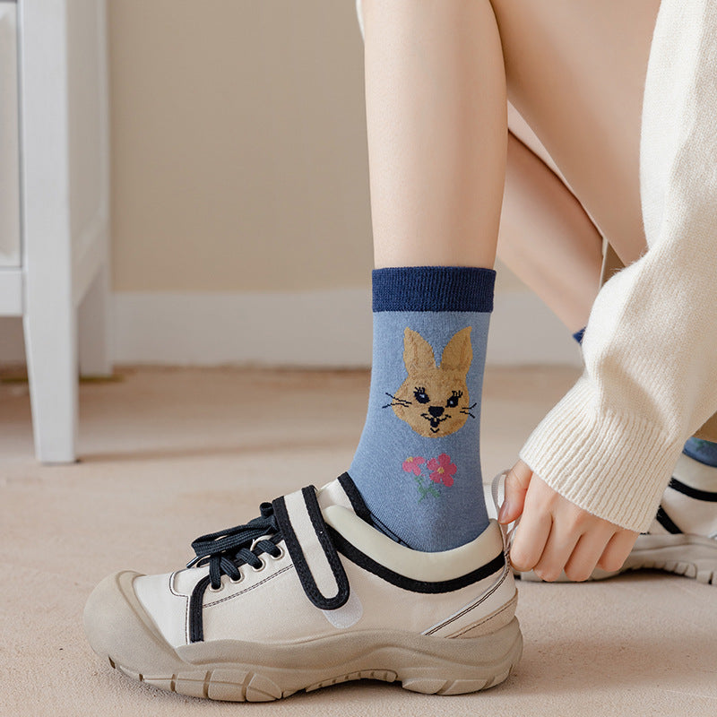 Cute Cartoon Striped Ladies In Tube Socks Ethnic Style Flowers
