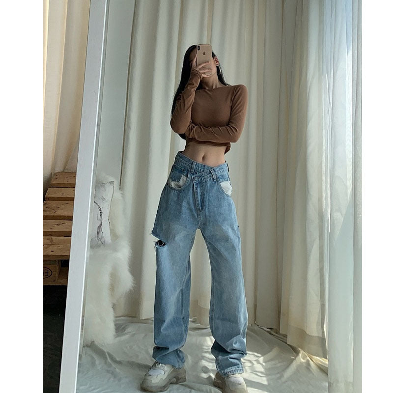 Dame Ripped Jeans Med Høj Talje Og Løs Pasform