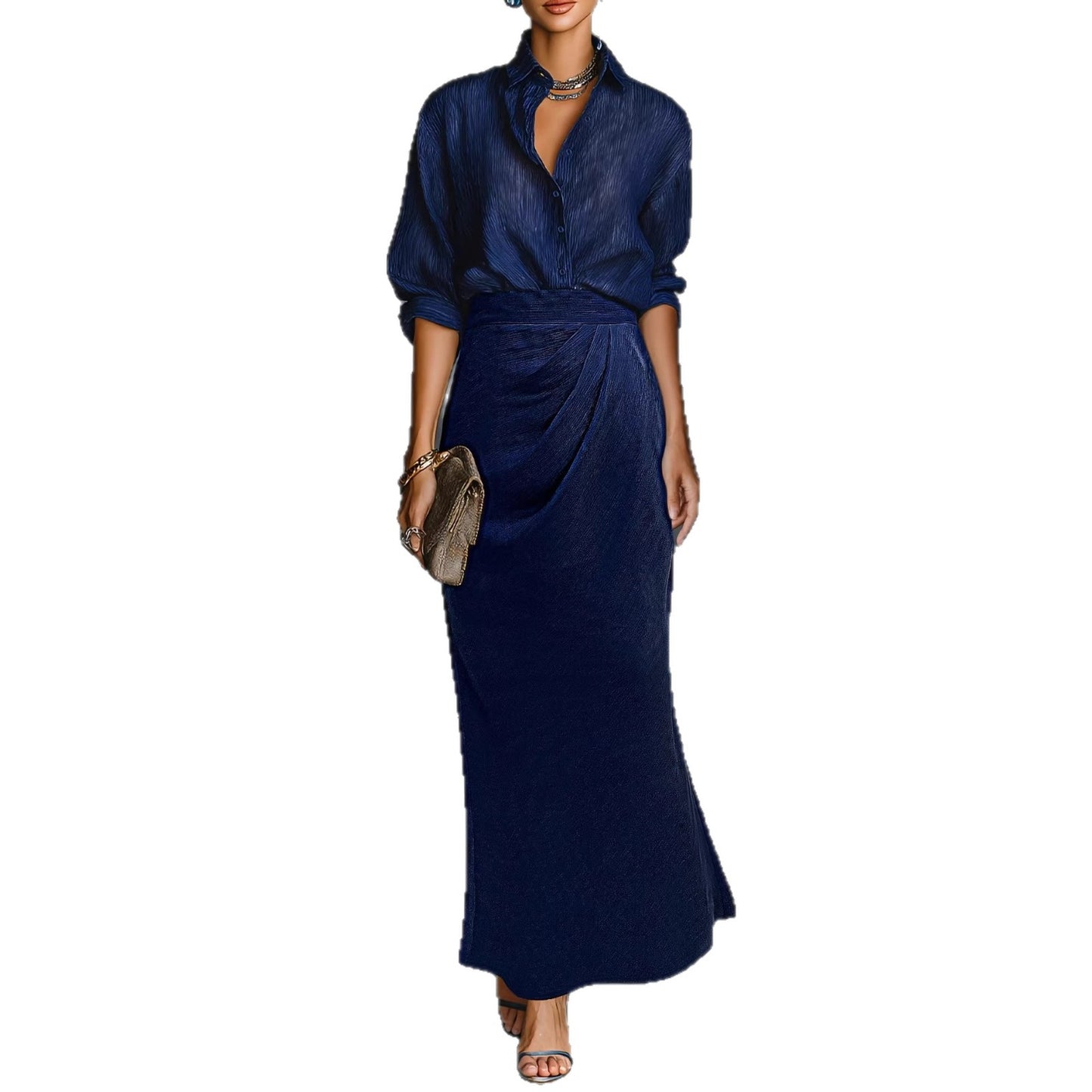 Elegant Commuter-Style Drapey Shirt And High-Waisted Pleated Skirt Set